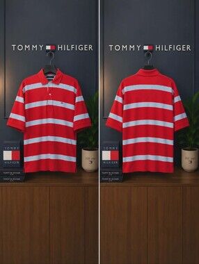 Tommy Hilfiger Men's Large Red Striped Polo Shirt Embroidered Flag Logo